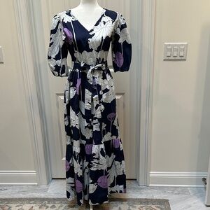 Maude Vicente Navy Floral V-Neck Maxi Dress with Tie Waist sz S